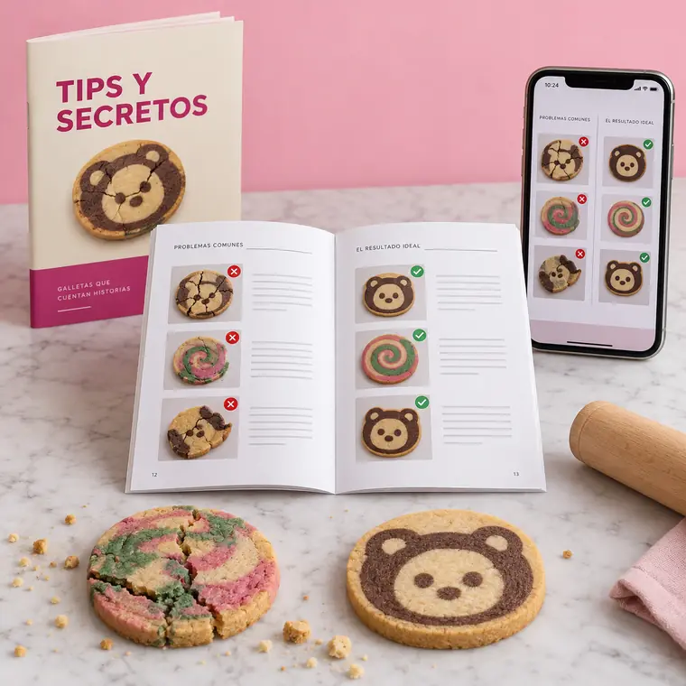 Guía impresa de tips abierta junto al celular, con galletas de osito y un rollo de masa