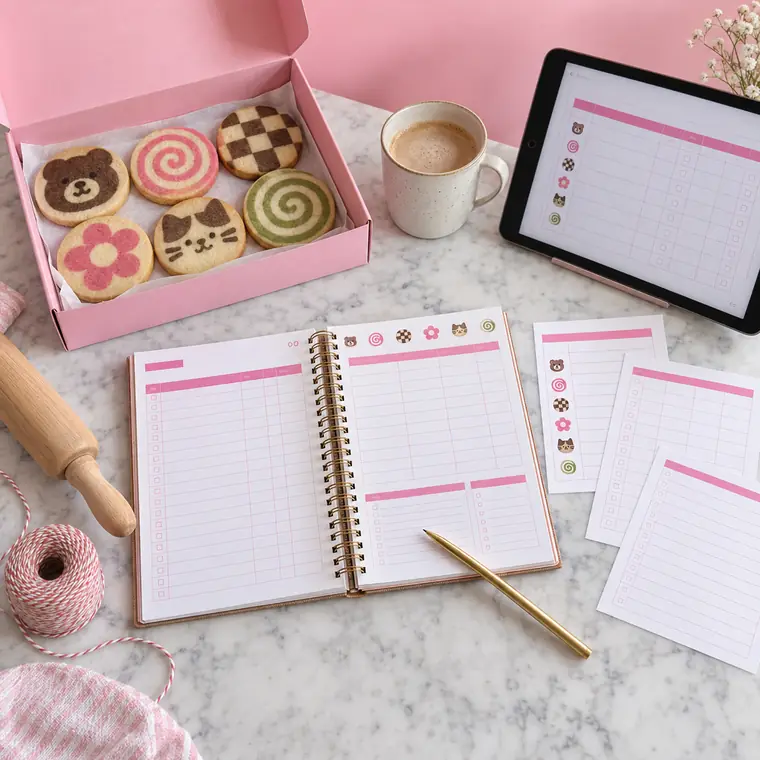 Agenda anillada de pedidos abierta con hojas imprimibles, tablet y una caja de galletas lista para entregar