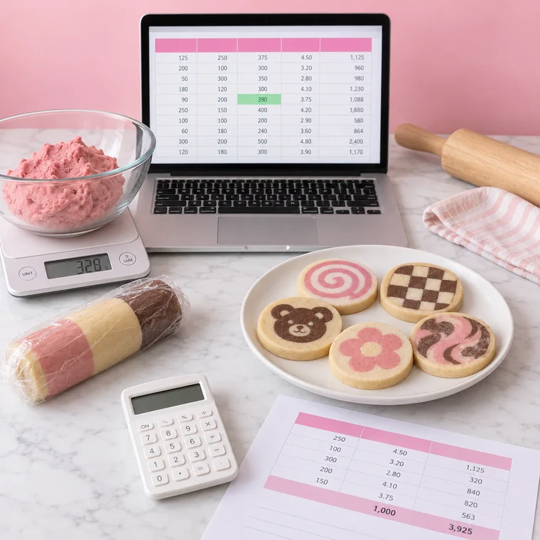 Laptop con la planilla de costos, balanza con masa, calculadora y una torre de galletas