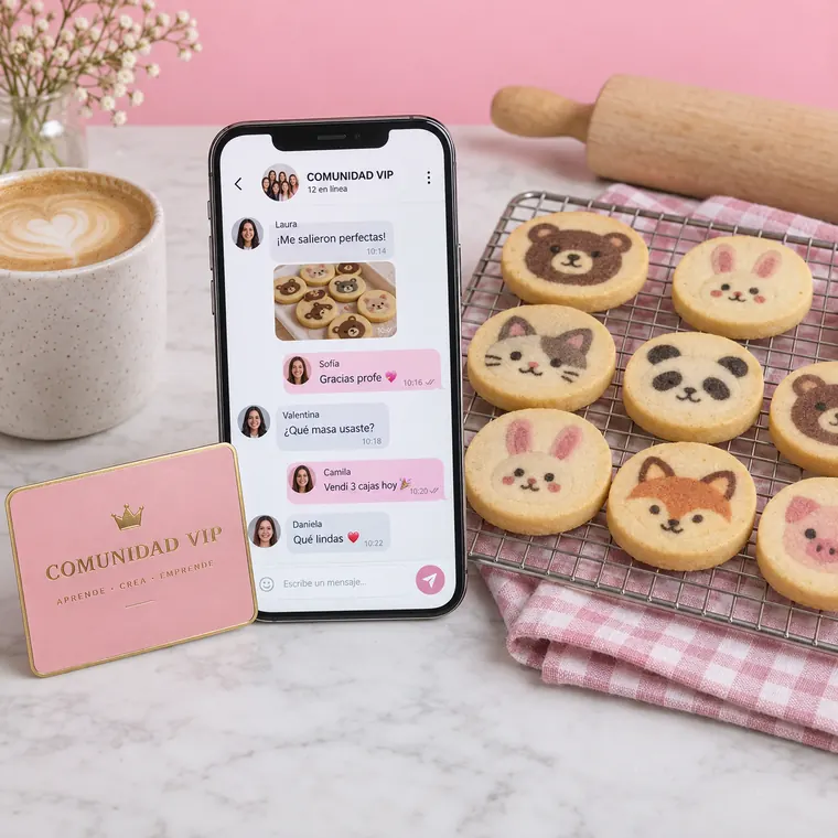 Celular con el chat de la comunidad, tarjeta VIP y rejilla de galletas recién horneadas