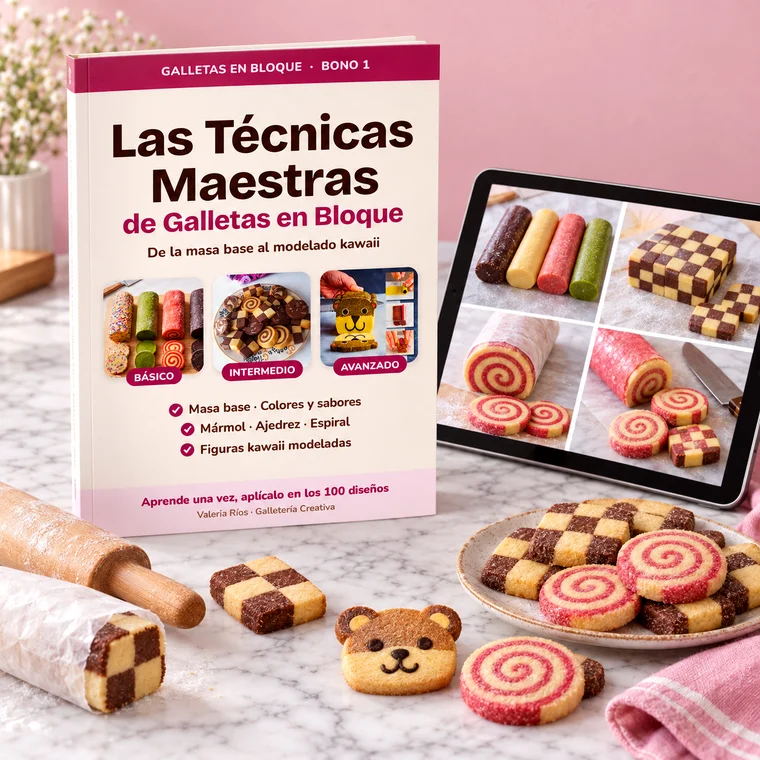 Libro Las Técnicas Maestras de Galletas en Bloque junto a una tablet con el paso a paso, y galletas de ajedrez, espiral y osito sobre mármol