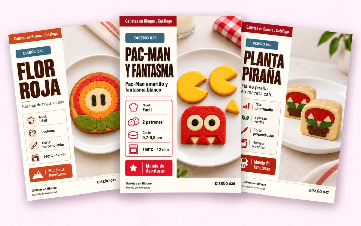 Fichas del catálogo: Flor Roja, Pac-Man y Fantasma, y Planta Piraña