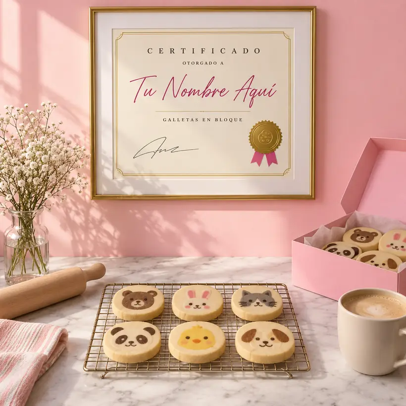 Certificado enmarcado colgado en la pared de una cocina, con galletas recién horneadas y una caja lista para entregar debajo