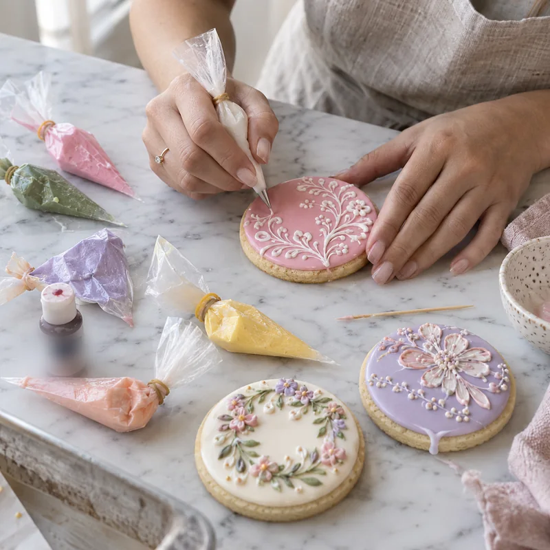 Manos decorando una galleta con glasa real usando una manga pastelera diminuta, rodeada de otras mangas de colores atadas y galletas con detalles delicados