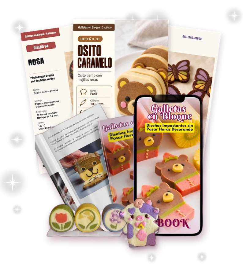 El libro Galletas en Bloque en papel y en el celular, delante de fichas del catálogo de 100 diseños: Rosa, Osito Caramelo y Mariposa, con galletas reales de flores y vaquita