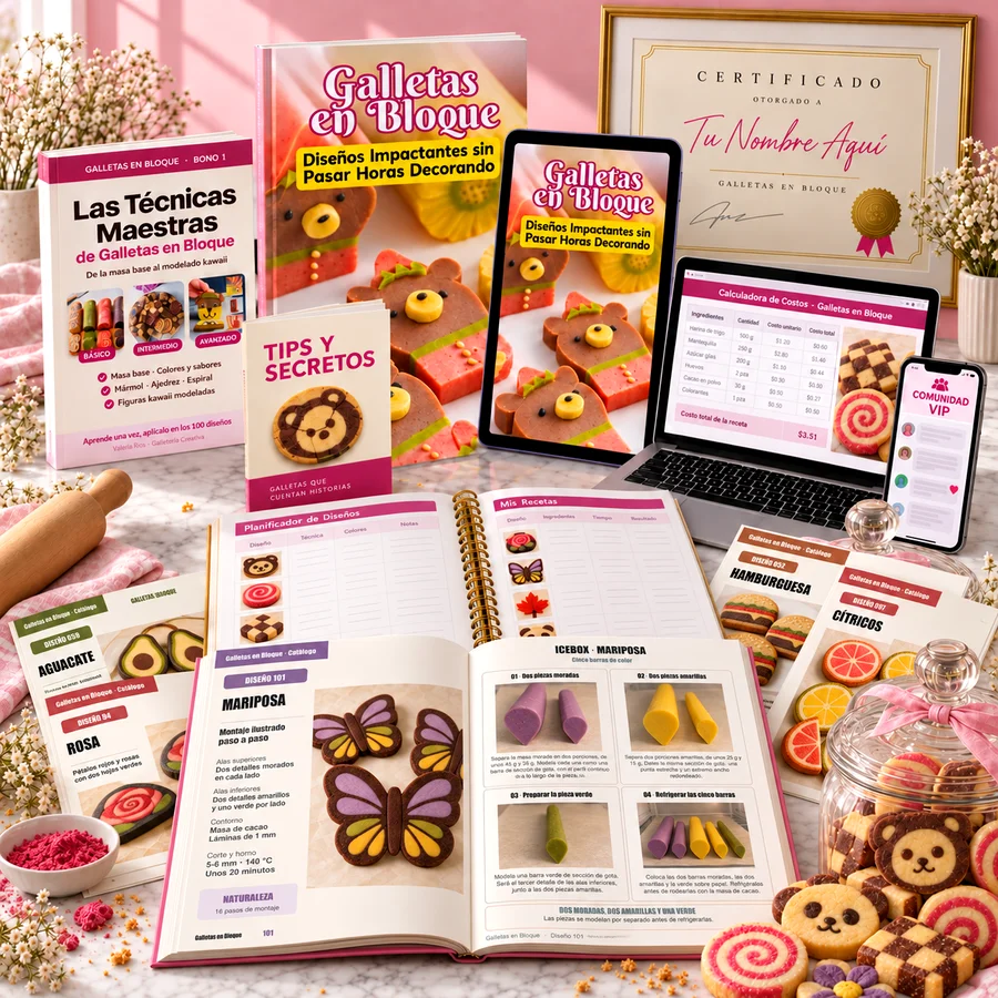 Todo lo que recibes: el catálogo de 100 diseños con sus fichas, Las Técnicas Maestras, Tips y Secretos, el planificador, la calculadora de costos, la comunidad VIP y el certificado con tu nombre