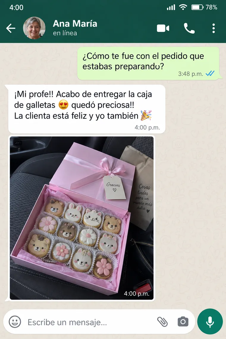 Captura de chat: la instructora le pregunta a Ana María cómo le fue con su pedido y ella responde feliz, con una foto de la caja de regalo que acaba de entregar